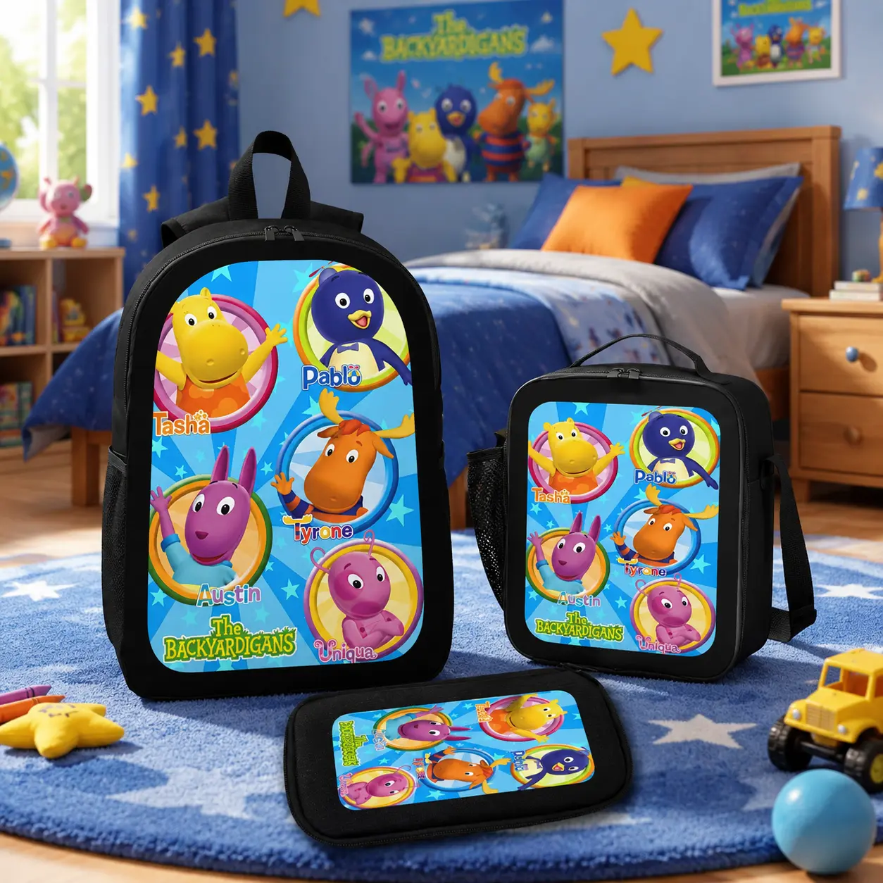 Backyardigans Cartoon Backpack Set 3PCS School Backpack Lunch Bag Pencil Case Cute Anime Style Bookbag Lightweight Daypack for Teens Students Travel Casual Backpack Set Gift Idea Trendy Back to School Bag Boys Girls