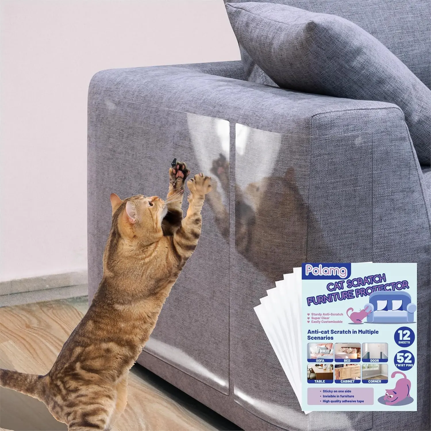 SHARLOVY 12-Pack Cat Furniture Anti-Scratch Protectors - 6L+6XL Single-Side Plastic Self-Adhesive Furniture Guards, Residue Free with 50+ Pins, Invisible Cuttable for Sofas, Doors, Walls, Furniture Guard