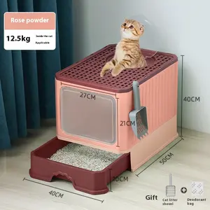 Extra-Deep Enclosed Cat Litter Box with Foldable Drawer - Odor-Control & Splash-Proof Design for a Clean & Comfortable Cat Environment flip cover