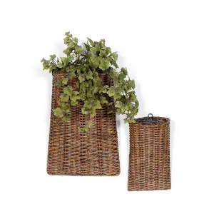 Set of 2 Woven Rattan Wall Baskets – Brown Rustic Wall Décor
