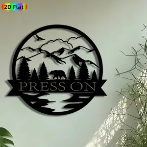 1pc Bear & Mountain Landscape Metal Wall Art, Press On Statue Mural, Intricate Craftsmanship, Vintage Ironwork, Perfect for Fathers Day, Housewarming Decor, Perfect for Cabin Living Room Garden Fence Decor, Ideal Gift for Outdoor Enthusiasts.