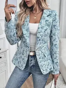 Women's Floral Pattern Blazer, Elegant Long Sleeve Open Front Outerwear for Work Office Business, Longsleeves Suit Blazer, Ladies Spring & Fall Clothes Trendy Women Fashion Layering Smooth Relaxed Classic