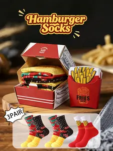 3 Pairs Gift Box Couple Novelty Burger Fries Theme Knee High Socks, Creative Food Design, Soft Comfortable Breathable, Hand Wash Only