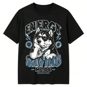 MURAXEN Men's Crewneck Graphic T-Shirt Boxy Fit Solid Black Premium Cotton Tshirt Energy Saving Mode Husky Dog Summer Casual Oversized Streetwear OOTD Tops