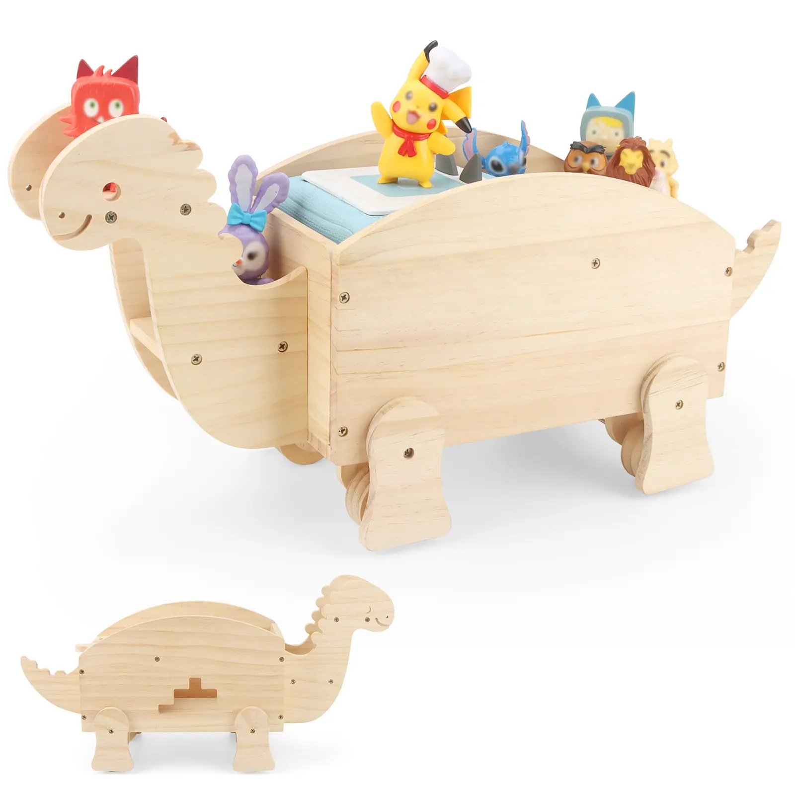 Dinosaur Toy Storage Shelf for Toniebox Holds 20-50 Tonies Characters with Charging Slot Wooden Display Organizer for Kids' Bedrooms & Playrooms