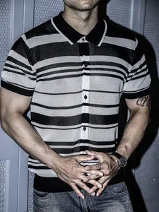 2026 Hollowed-out Elegant Knitted Short-Sleeved Shirt - Men's and Women's Version - Spring/Autumn Stylish Stripes Color-Contrast Casual Cardigan Shirt