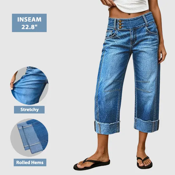Flamingals Wash Roll Hem Button Up Mid Rise Barrel Leg Crop Jeans Stretchy 30-32'' Inseam Flamingals Wash Roll Hem Button Up Mid Rise Barrel Leg Crop Jeans Stretchy 30-32'' Inseam