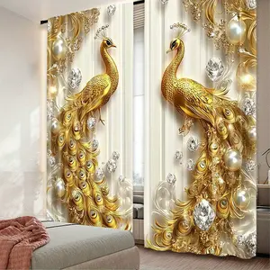 2pcs Gold Peacock Print Curtains - Beautiful Black Curtains with Complex Gold and White Feather Design, Perfect for Bedroom, Living Room, Office or Study, 29.53x 65.35inch ,41.34x 90.55inch ,51.18x 82.68inch , Polyester Fiber, Rod Pocket Style, Machine Wa