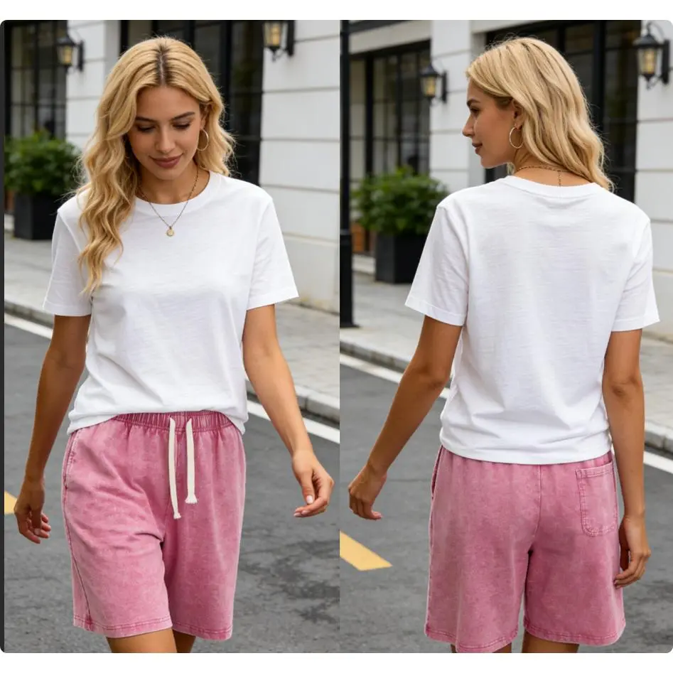 Wayii Fashion 2PC Women's Acid Washed Shorts Athletic Vintage Short Cotton Heavyweight Elastic Waist Streetwear Sweatpants Unisex Design Perfect for Men & Women