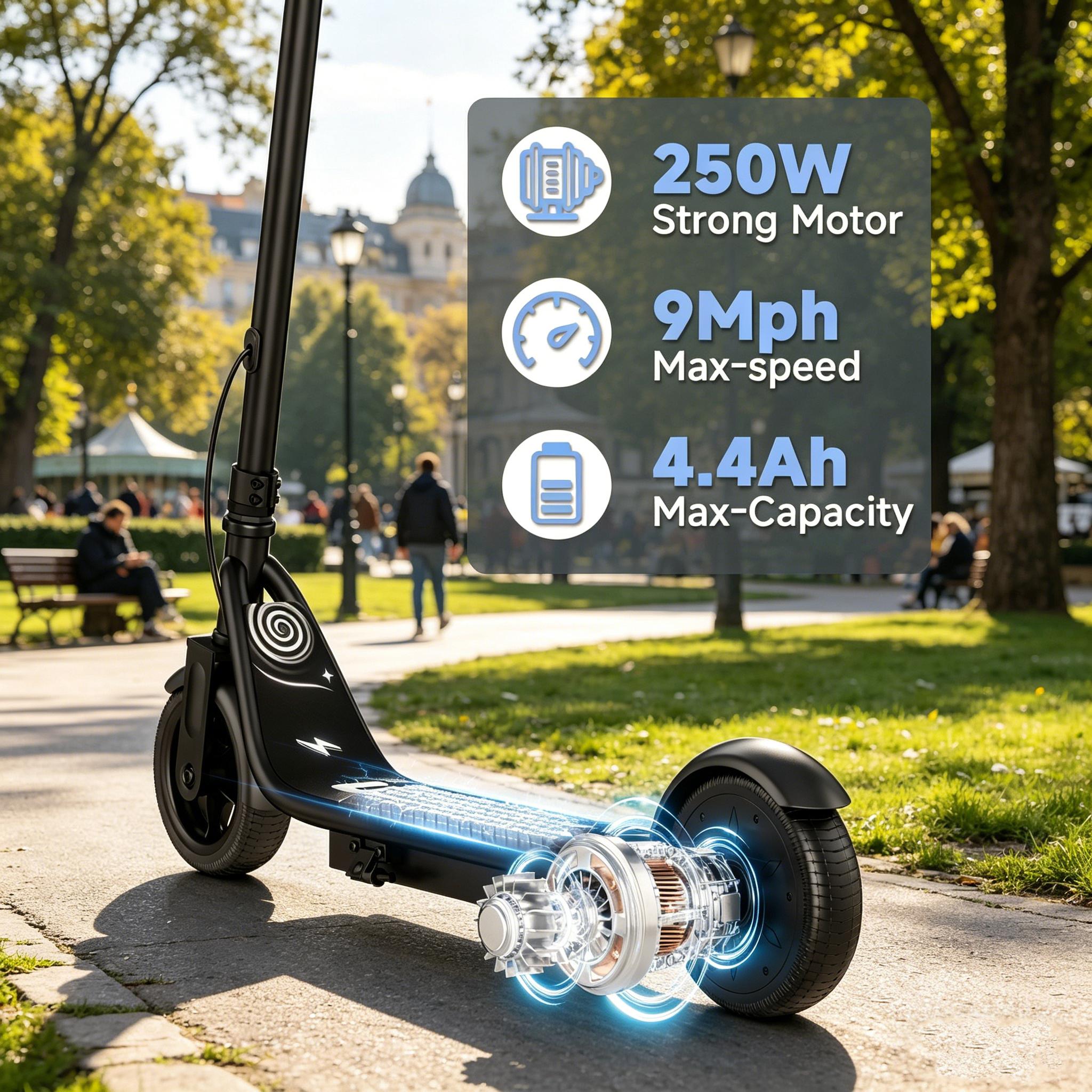 A Kids Electric Scooter with 250W Motor 3 Speed Modes Up to 9 MPH 6.5" Solid Tires Lightweight Safe Stable Ride for Boys Girls Outdoor Fun