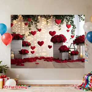 2D Flat, 1pc Romantic Red Roses Heart Wall Decor with Red Roses - Elegant 2D Flat Print Heart-Shaped Flower Panel, Easy-to-Hang Polyester Fabric Backdrop Suitable for Wedding, Birthday Party, Photo Studio Background, Valentine' Day Decoration, 2D