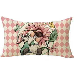 Spring Summer Gnome Lumbar Decorative Throw Pillow Cover 12 x 20, Rectangular Pink Sunflower Outdoor Home Decor, Floral Flower Diamonds Butterfly Seasonal Couch Cushion Case