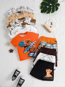 Boys' Tiger Lion Spider Bear Dinosaur Short Sleeve Shorts Set, Casual Clothing, Perfect for Outdoor Daily Wear, Gift for Grandson