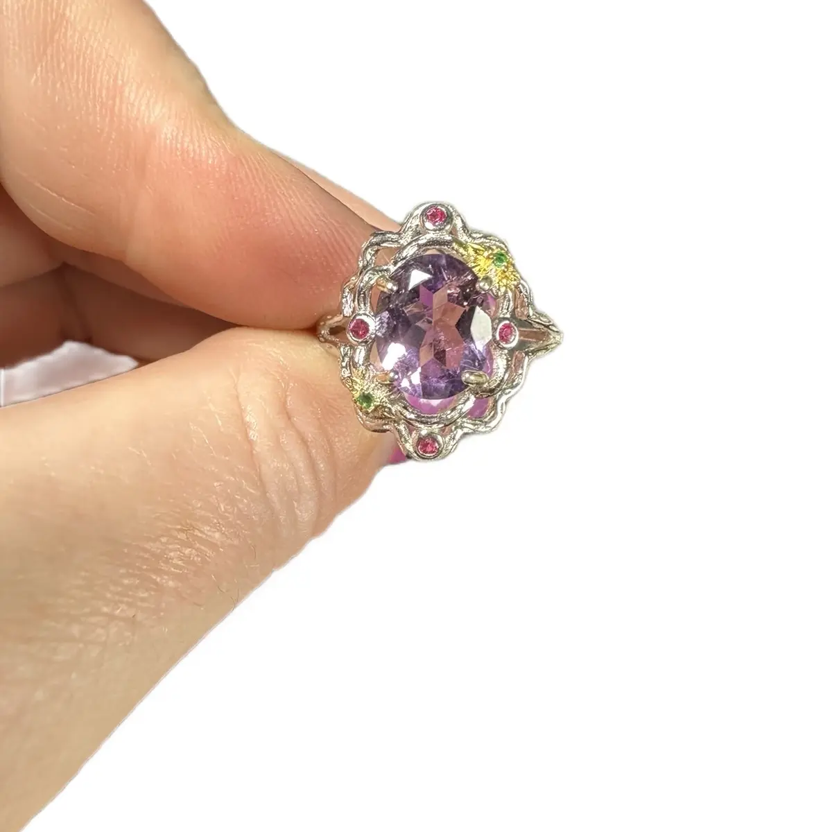 Unique oval faceted Amethyst S925 silver adjustable ring