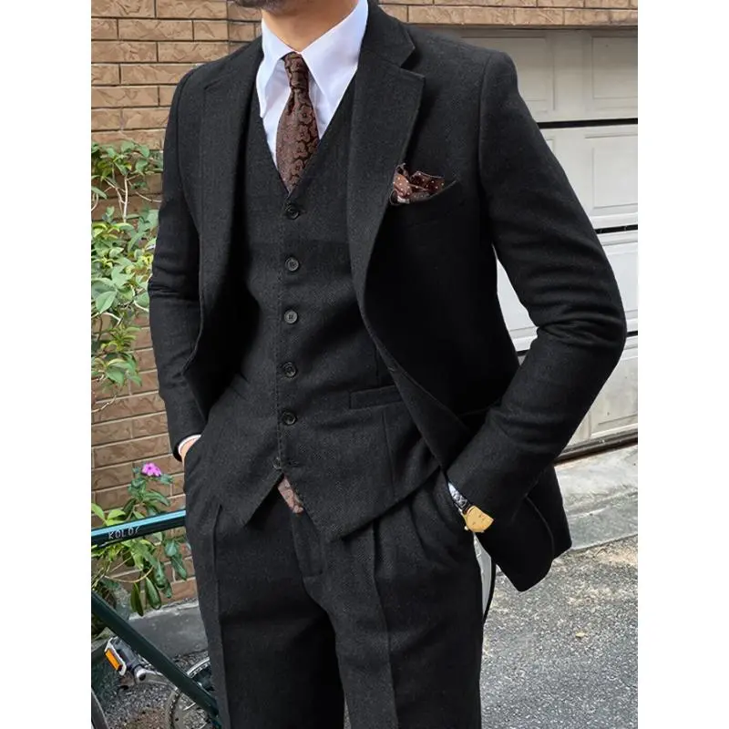 Men's  3-Piece Suit Set, Classic Notch Lapel, Herringbone Pattern, Casual Formal Wear