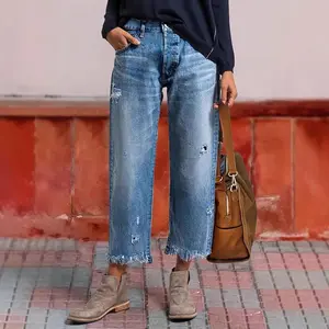 New women's casual worn-out jeans - multifunctional cut wide leg jeans with tassel hem for daily women's basic blue slim fit minimalist pants