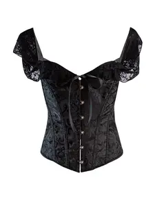 Black brocade waist-cinching top with lace off-shoulder sleeves—instantly creates a hourglass waistline and sculpts stunning curves.