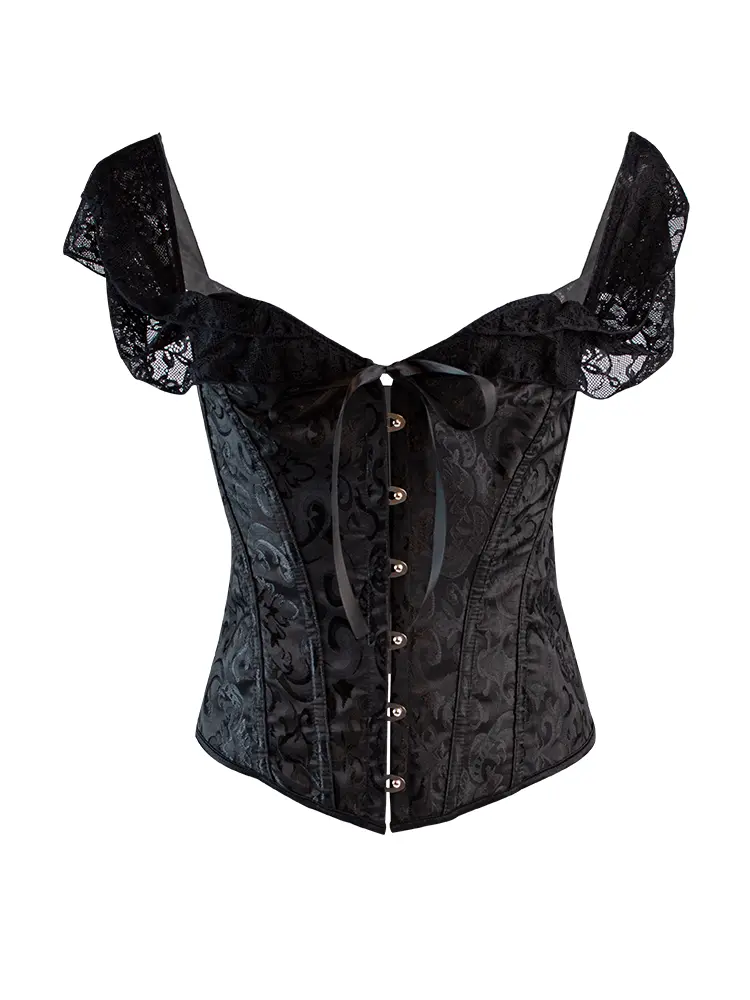 Women's Retro Black Brocade Satin Tank Top, Lace Off-Shoulder Sleeves, Waist-Cinching Design, Costumes & Accessories for Hourglass Silhouette, Fabric, Soft, Lady, Clothes, Lacy, Polyester