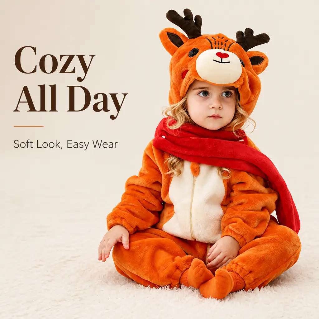 Toddler 3D Reindeer Hooded Onesie Pajamas - Fuzzy Flannel Zip-Up Jumpsuit with Cute Tail, Christmas Animal Costume, Warm Holiday Loungewear for Kids