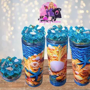 20 Oz 3d Oceanside Sand And Seashells With Faux Colored Ice Tumbler With Removable Magnetic Lid Drinkware