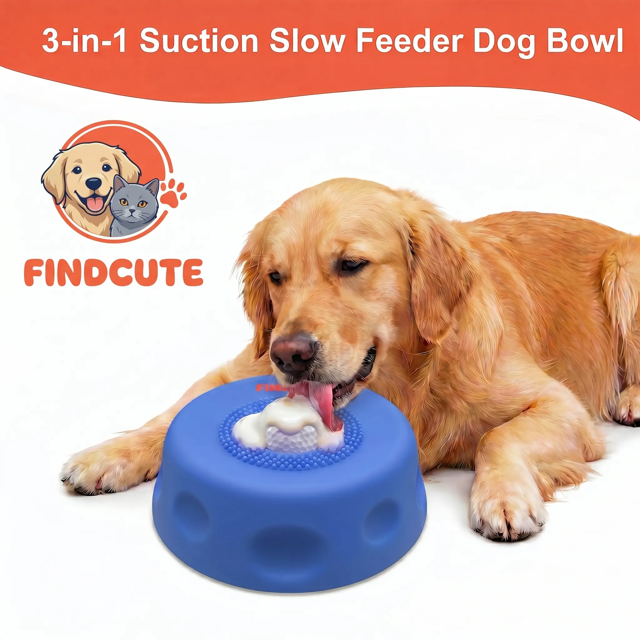 FINDCUTE 3-in-1 Slow Feeder Dog Lick Bowl Made of Food-Grade Silicone – Hygienic Seamless Surface with No Crevices, Base & Ball Detachable for Deep Cleaning, Perfect for Fast Eaters to Reduce Bloat, Safe for Wet Food Dry Kibble Yogurt Puree & Bone Broth