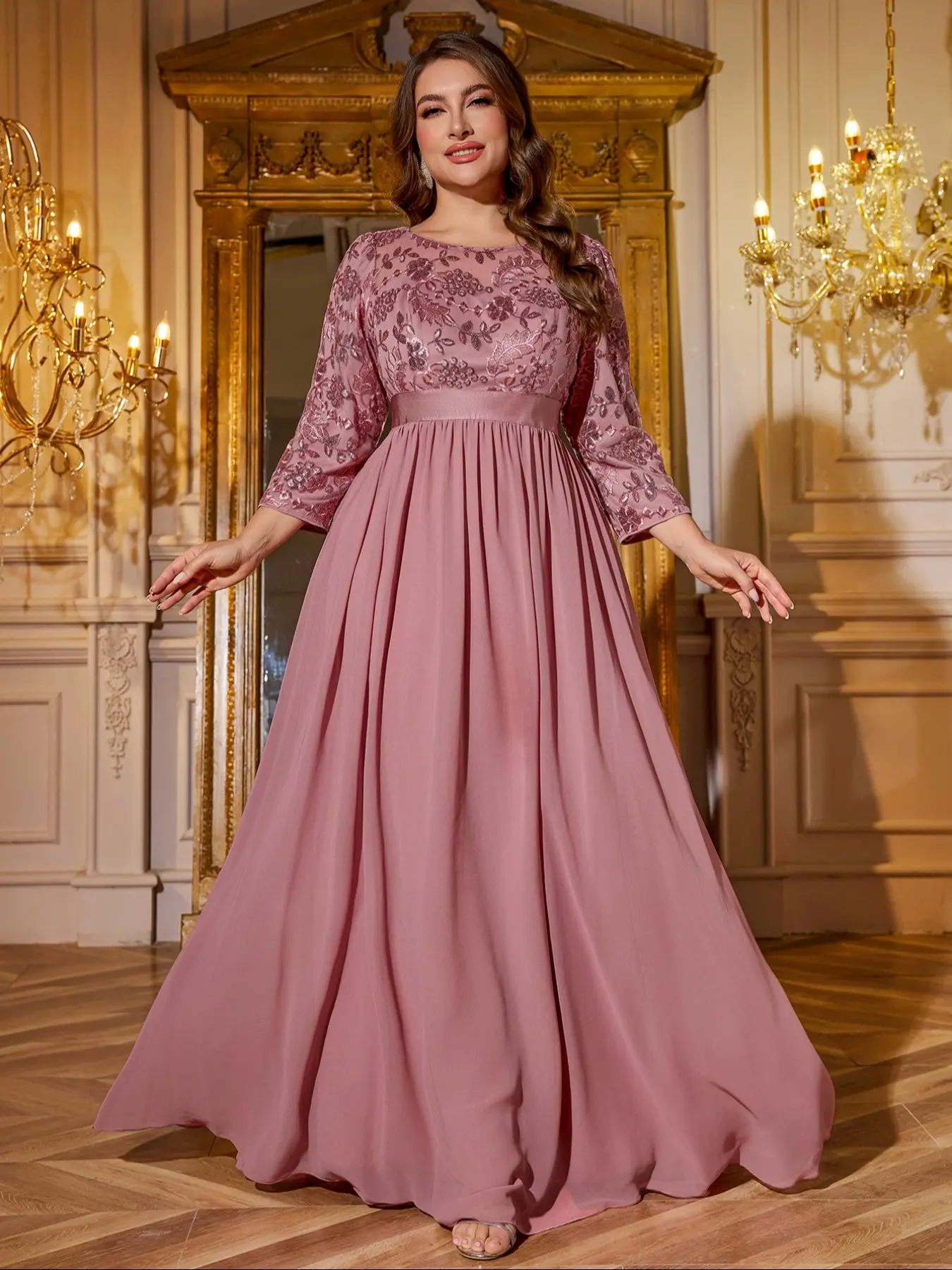 Elegant Plus Size Fitted Women's Chiffon Floral Print Formal Wear Evening Dress, Small Round Neck Beaded Embroidery Sequin Patchwork, Bridesmaid Party Gown, Embroidered Floral Dress