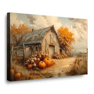 Vintage Autumn Barn with Pumpkins Wall Art Fall Landscape Canvas Painting Rustic Farmhouse Decor for Home Offices Living Room Bedroom Dining Room Cotton Decorative Hand Stretched Glossy Photo Ornaments Artistic Decoration
