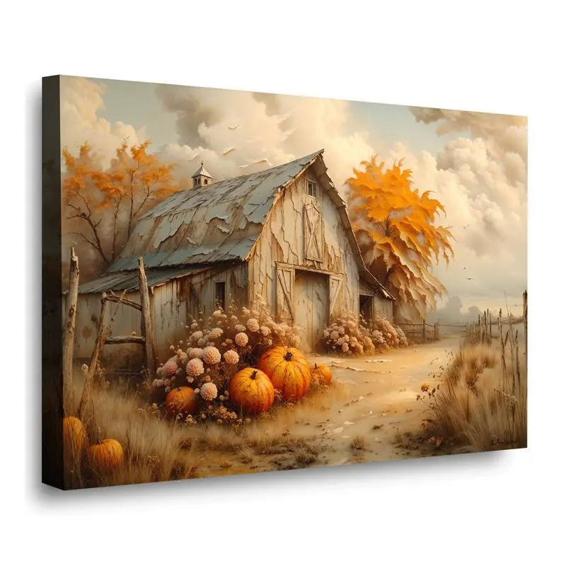Vintage Autumn Barn Landscape Framed Canvas Painting - Pine Wood Frame, Hand-Stretched Glossy Print, Rustic Decorative Nature Art for Living Room, Bedroom, Thanksgiving Home Inspo Farmhouse Cotton Wall Art, Rustic Farmhouse, Framed Prints