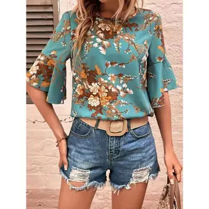 Printed Round Neck Half Sleeve Blouse - Stylish Design for Versatile Wear Spandex Womenswear