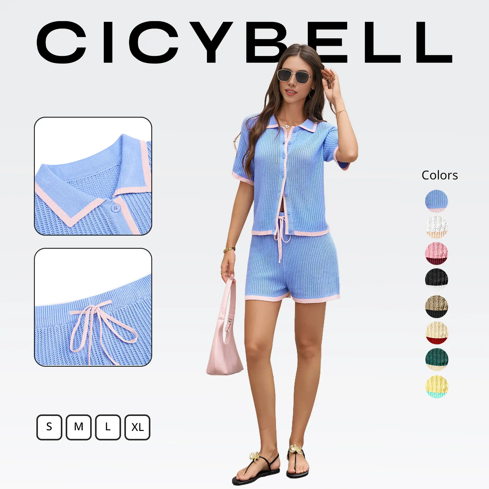 Cicy Bell Womens 2 Piece Short Sets Summer Sweater Outfits Short Sleeve Collared Tops Vacation Color Block Knit Lounge Sets