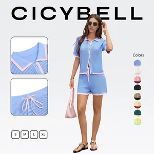 Cicy Bell Womens 2 Piece Short Sets Summer Sweater Outfits Short Sleeve Collared Tops Vacation Color Block Knit Lounge Sets