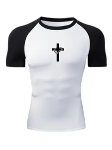 Thorn Cross Print Short Sleeve Compression Shirt for Men, Gym Workout Running Sporty Tees, Summer Quick-Dry Breathable Sweat Wicking Round Neck T-Shirt, Tight Fit Undershirt Baselayers Rash Guard