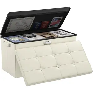 Storage Ottoman Bench with Lock,Fireproof 30 Inches Folding Bench Foot Rest Stool Storage Chest Safe for Living Room,Bedroom,Home Office, Leather Ottoman with Handles,Beige