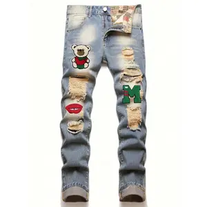 [Casual Letter Teddy Bear Jeans] Men's Casual Versatile Jeans | Bear, Zhangzi, Torn Hole Pocket splatter men miss me boy bell bottoms Denim Menswear Straight Trouser