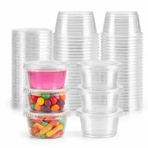 100 Sets - 2 oz Disposable Plastic Jello Shot Cups with Lids - Stackable Souffle Cups for Condiments, Salad Dressing, Dipping Sauce, Portion Control, Meal Prep, and Party Prep