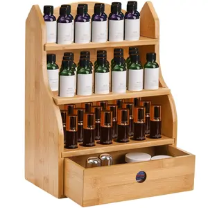 Oils Case, 46 Slots Nail Polish Shelf Display Rack with Drawer, Bamboo 3 Oil Organizer Holds 10/15/20/30ml for Home, Cosmetic Shelf, Fairs, Shop