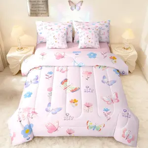 Pink Butterfly Comforter Set 7 Pieces Garden Bedding Set for Kids Boys Girls Cute Flowers Bed in a BagKawaii Floral Bedroom Decor