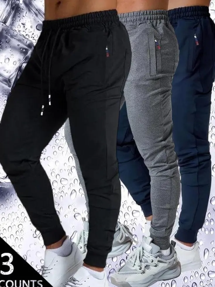 Men's 3-Pack Slim Fit Joggers, Lightweight Tapered Polyester Sports Pants with Zipper Pockets and Drawstring for Gym & Running