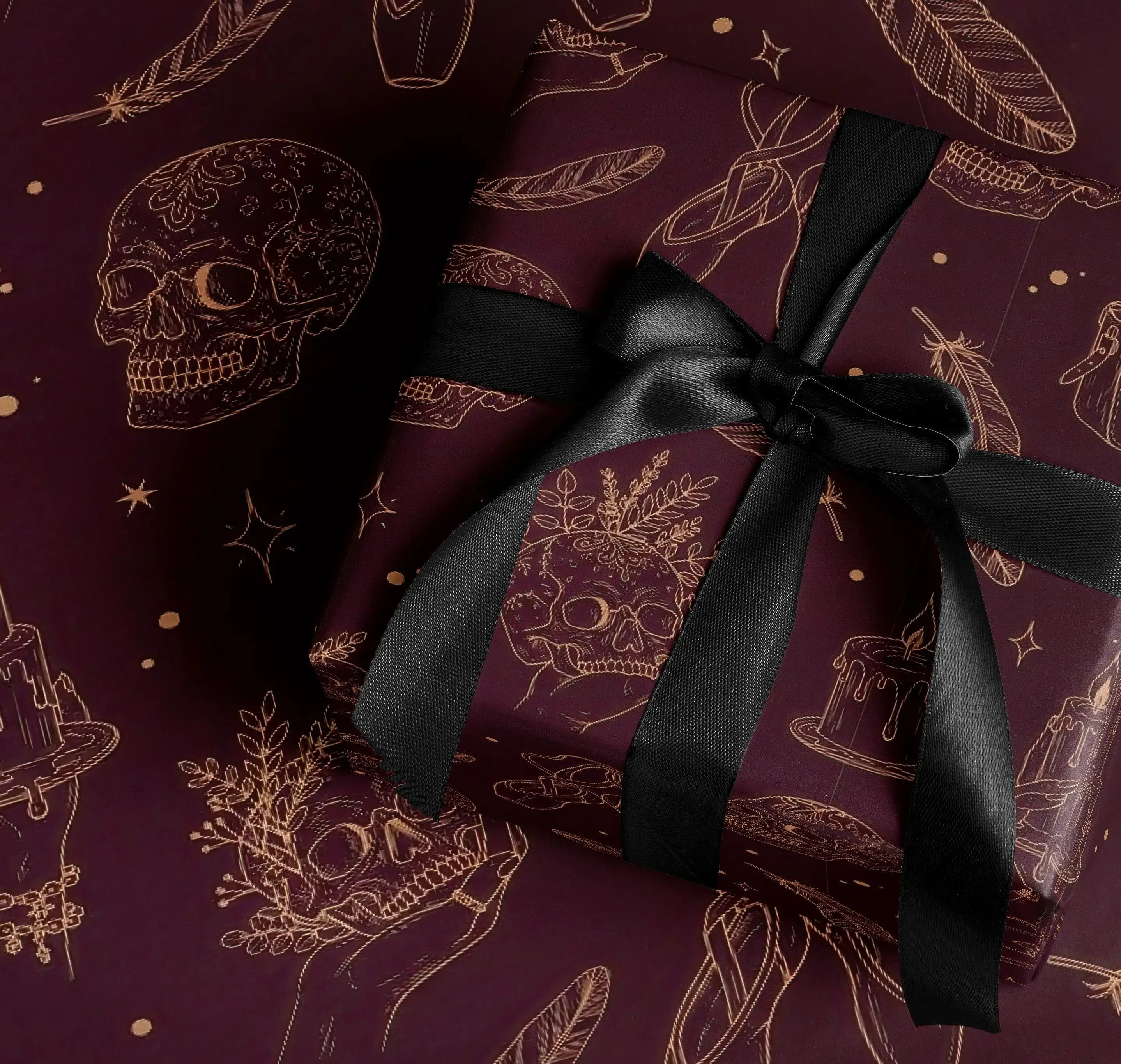 Occult Skull Maroon Gift Wrap Paper Roll Gothic Christmas Dark Academia Wrapping Gothmas Holiday Gift Paper for Creepy Cottagecore Lovers
