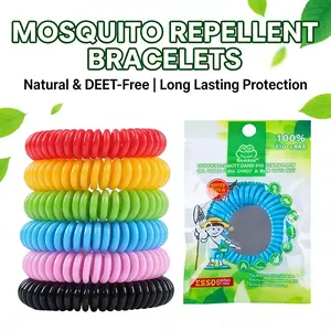 10-pack waterproof elastic mosquito repellent bands made with natural essential oils, DEET-free. One-size adjustable design safe for kids and adults, great for camping, travel and all outdoor activities.