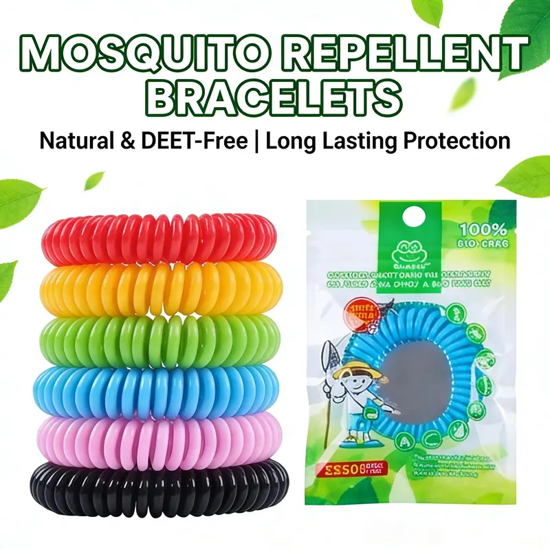 10-pack waterproof elastic mosquito repellent bands made with natural essential oils, DEET-free. One-size adjustable design safe for kids and adults, great for camping, travel and all outdoor activities.
