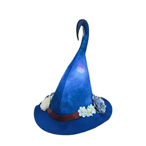 Cosplay Blue Witch Hat Paired With Cute Ruffles And Floral Decorations For Halloween and role-playing Accessories