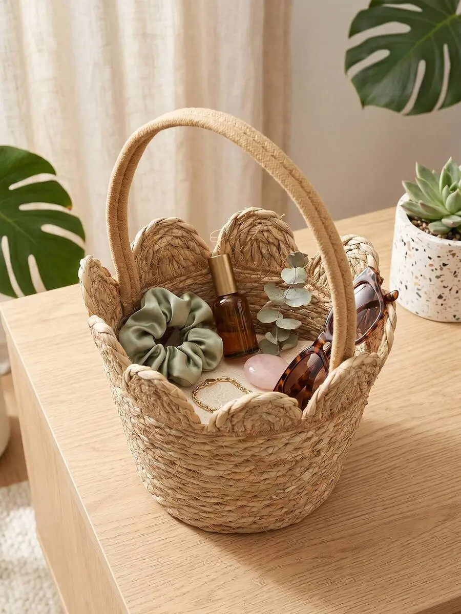 1pc Handwoven Seagrass Storage Basket, Kitchen Organizer Bin, Multipurpose Basket For Pantry, Countertop, Cabinet & Bedroom, Farmhouse Home Decor, Rustic Boho Woven Organizer For Closet, Living Room