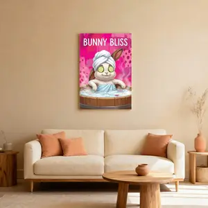 1pc 2d Flat  Canvas Poster Bunny Bliss Cartoon Rabbit In Bath With Cucumber Eyes Canvas Wrapped Wall Art Oil Painting Print Set Of 1