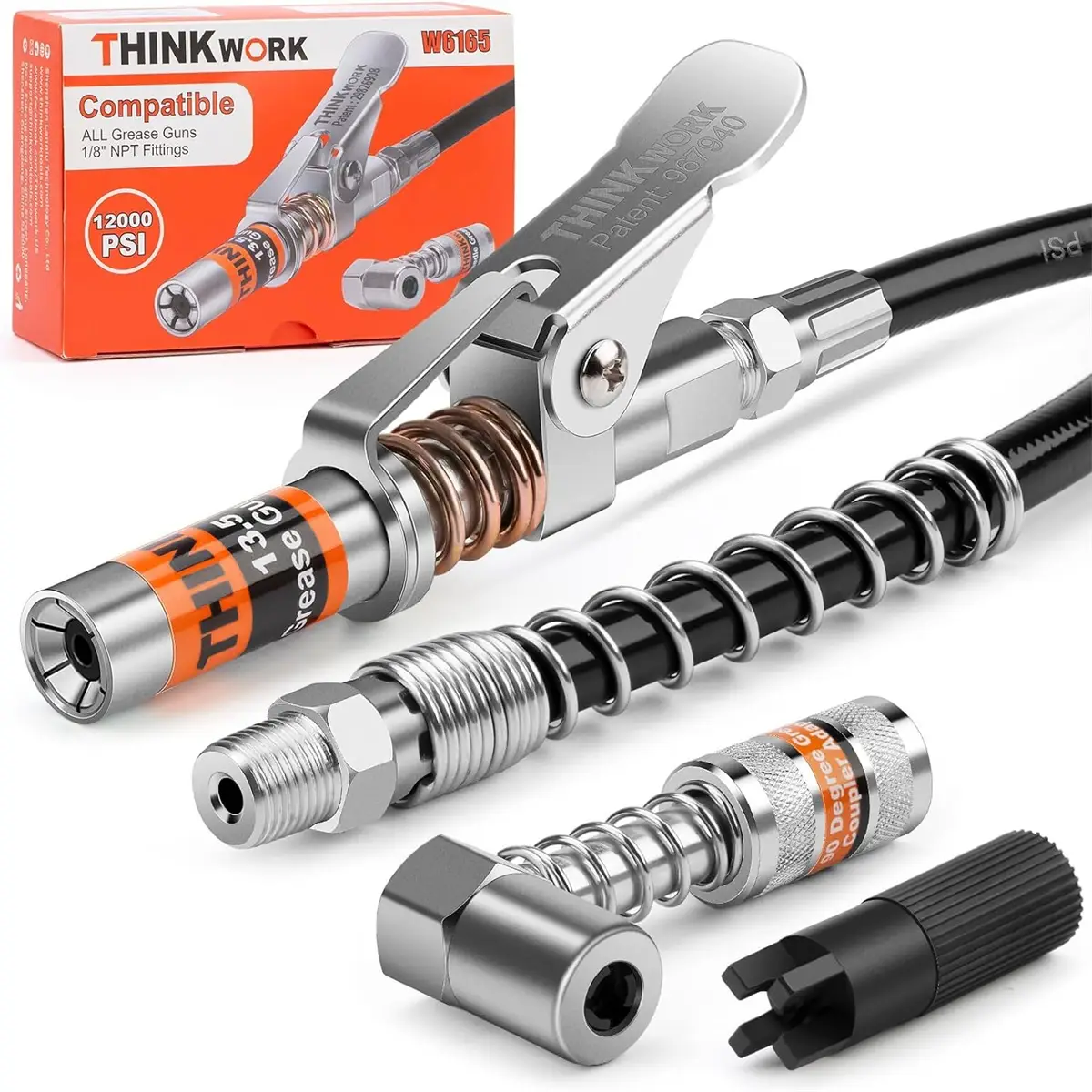 【Fall Deals For You】THINKWORK Grease Machine Coupler Set, Strong Lock on Greases Machine Couplers with 90° Grease Coupler Adaptor,12000 PSI Quick Rele