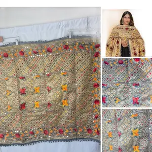 Shawl Long Handmade Phulkari dupatta mirror and thread Grey Pom pom