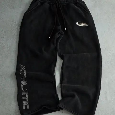 Men's Casual Comfy Sporty Long Pants, Letter Print Drawstring Loose Fit Wide Leg, All-Season Leisure Wear, Men's Clothing, Athleisure Pants, Athletic Casual Trousers