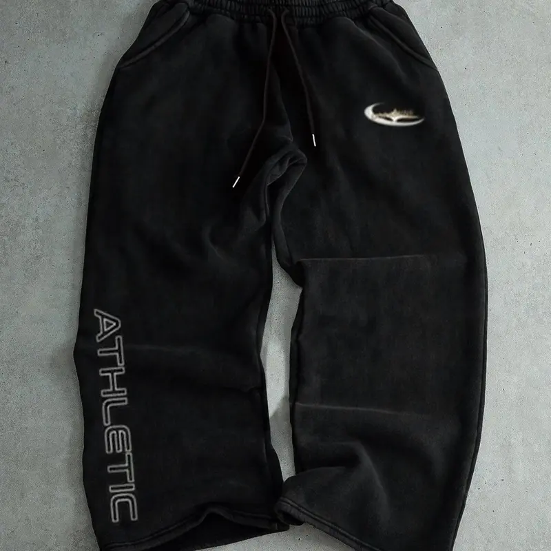 Men's Casual Comfy Sporty Long Pants, Letter Print Drawstring Loose Fit Wide Leg, All-Season Leisure Wear, Men's Clothing, Athleisure Pants, Athletic Casual Trousers