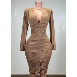 BIRDIE MOCHA MESH RUCHED BODYCON V-NECK MIDI DRESS
