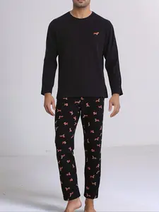 Men's Spring & Fall Comfortable Pajama Sleepwear Set, Round Neck Cartoon Dog Print, Long Sleeve Long Pants, Casual Simple Home Clothing
